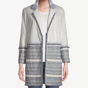 Chicos Eyelet Embellishment Open Jacket Blue/ White Quiet Luxury Costal Size 3